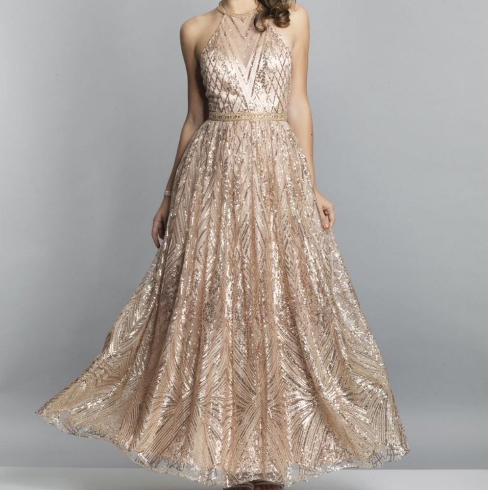 Rose Gold Halter Sequin Long Prom Dress size 3/4